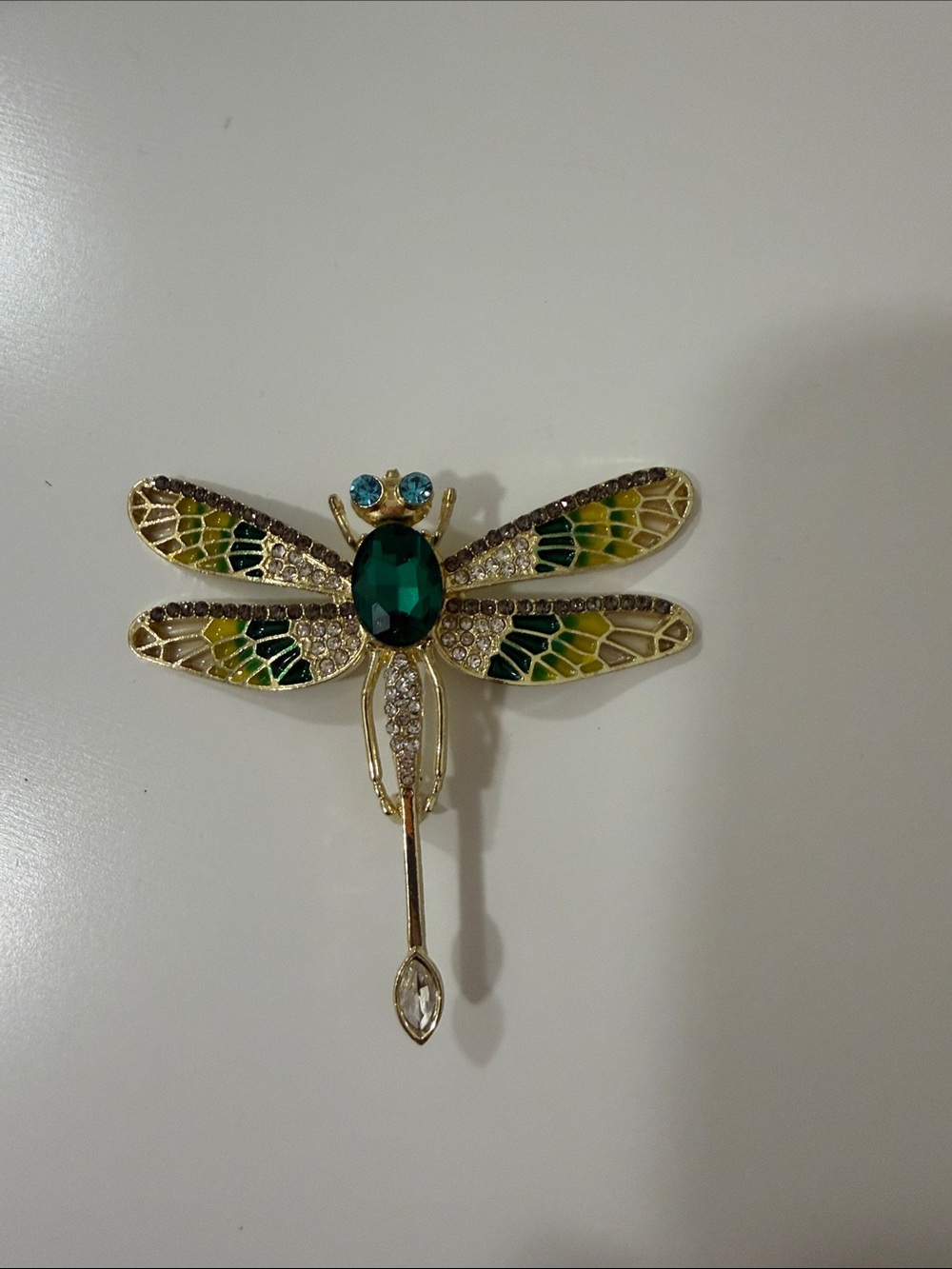 Emerald & Gold Dragonfly Brooch with Green Enamel Wings